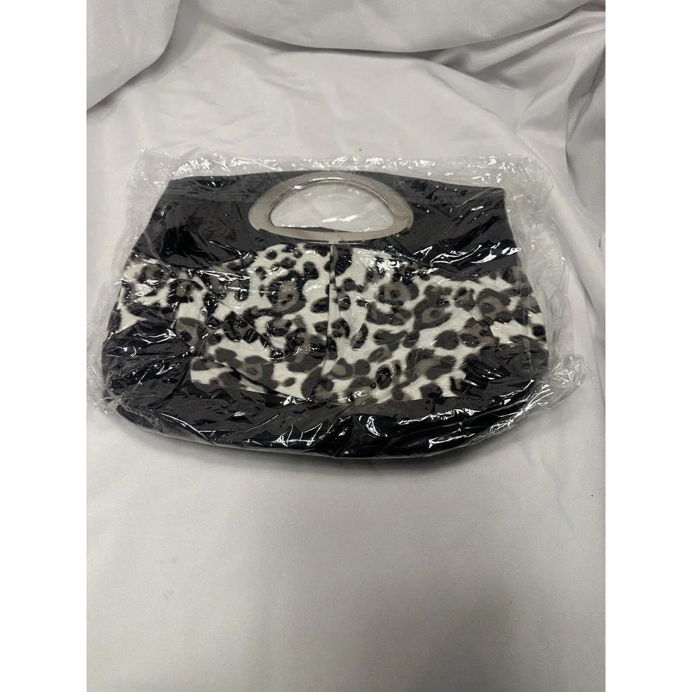 Leopard Print Hobo Handbag‎ Black White Grey Animal Print Metal Handle Bag